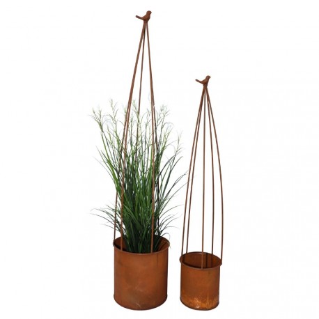 NOUVEAUTÉ: Set de 2 cache-pots de jardin en métal rouillé surmonté d'un oiseau